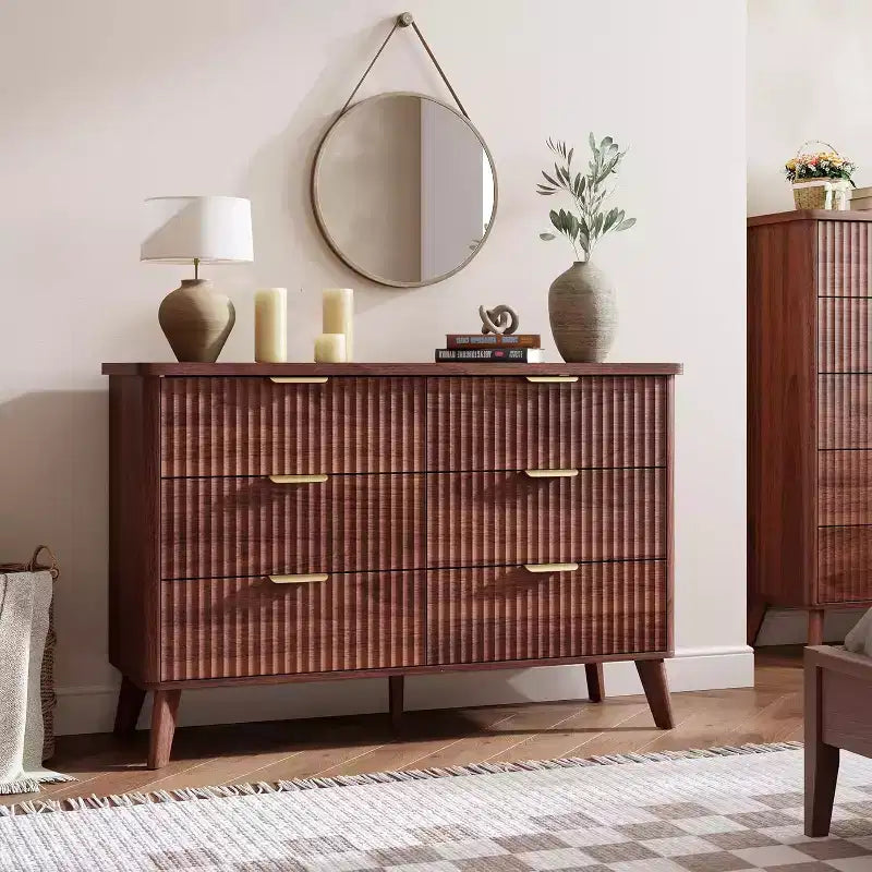 Commode 6 tiroirs pour chambre à coucher, commode de 120 cm de large avec profil incurvé, tiroirs en bois cannelé, commode moderne pour salon