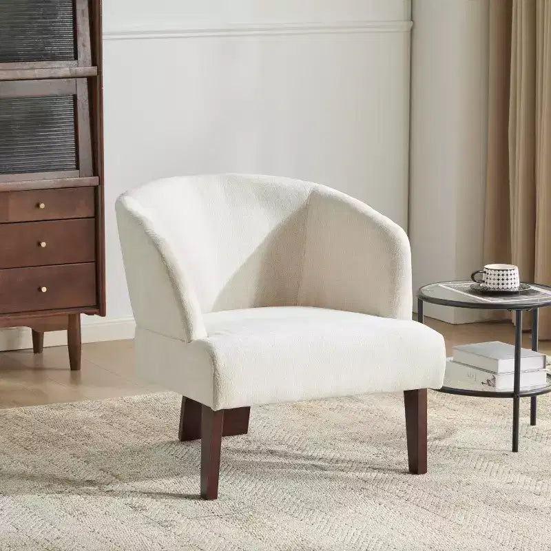 Fauteuil moderne avec dossier rond et pieds en bois, d'inspiration Mid-Century, pour salon