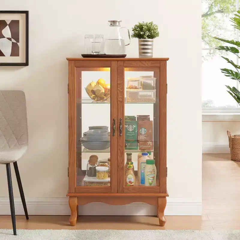 2-Door Curio Cabinet with Tempered Glass Doors, Mirrored Back Panel, Adjustable Shelves, and Light for Home Office