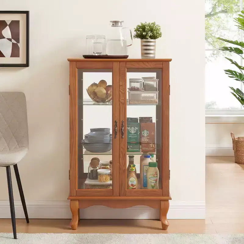 Vitrine à 2 portes avec portes en verre trempé, panneau arrière miroir, étagères réglables et éclairage pour le bureau à domicile