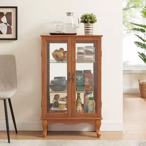 Vitrine à 2 portes avec portes en verre trempé, panneau arrière miroir, étagères réglables et éclairage pour le bureau à domicile
