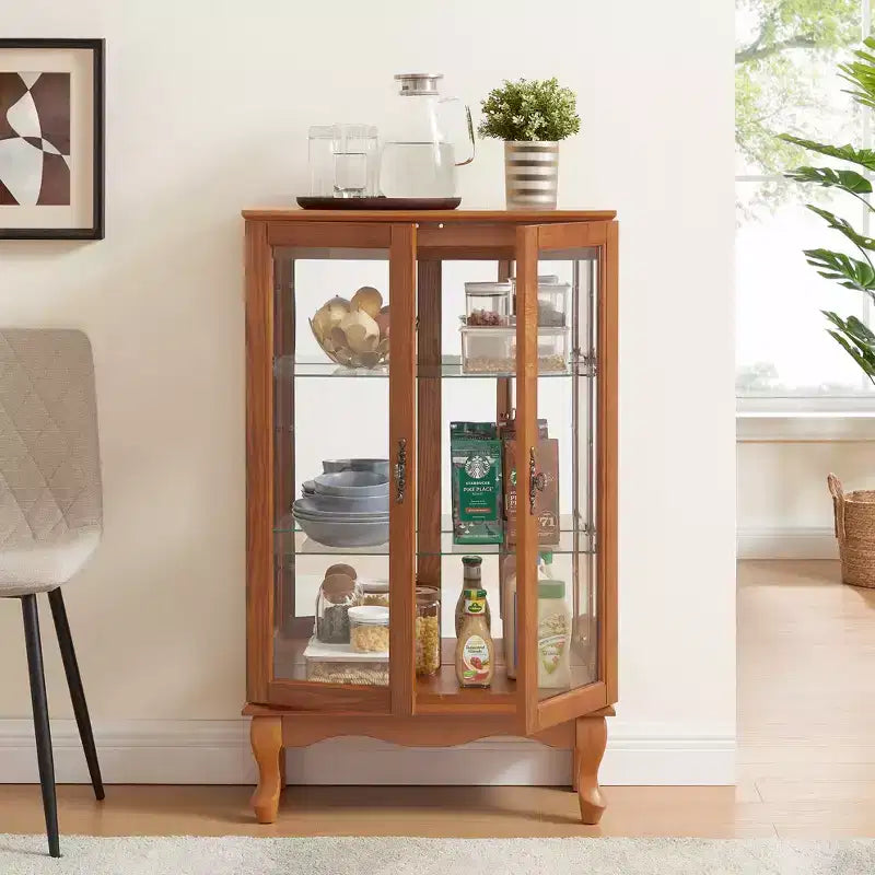 Vitrine à 2 portes avec portes en verre trempé, panneau arrière miroir, étagères réglables et éclairage pour le bureau à domicile