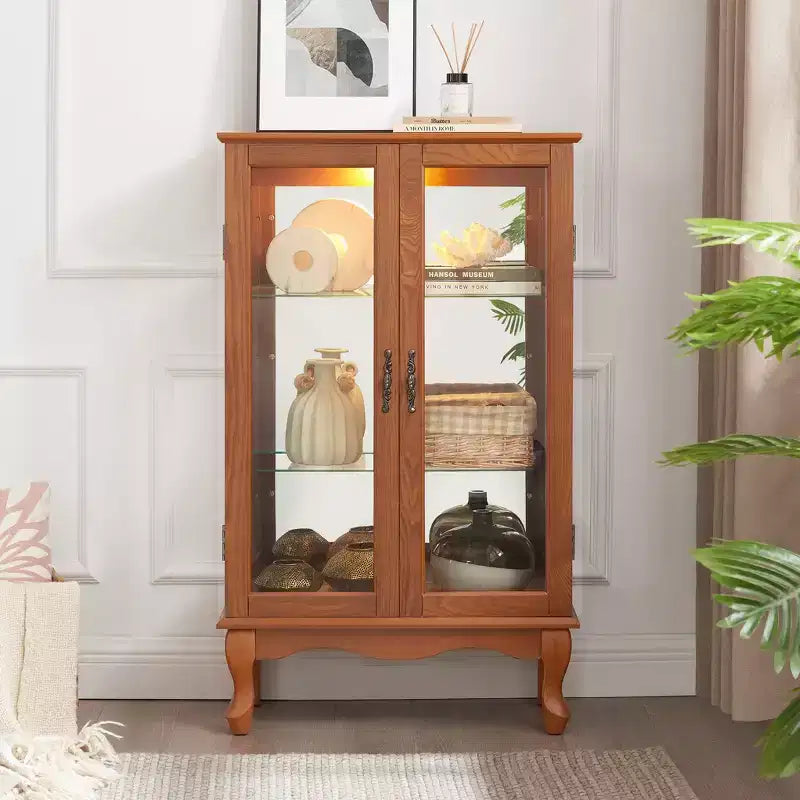 Vitrine à 2 portes avec portes en verre trempé, panneau arrière miroir, étagères réglables et éclairage pour le bureau à domicile