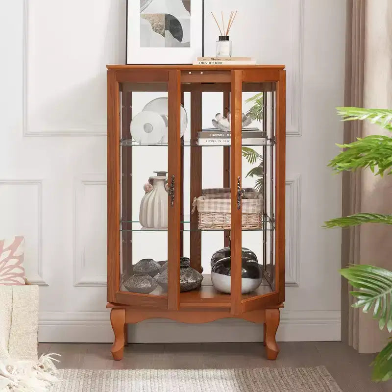 Vitrine à 2 portes avec portes en verre trempé, panneau arrière miroir, étagères réglables et éclairage pour le bureau à domicile