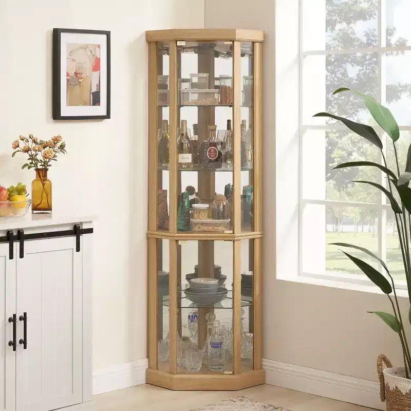 Vitrine d'angle éclairée avec étagères en verre réglables et dispositif anti-basculement pour collections d'antiquités