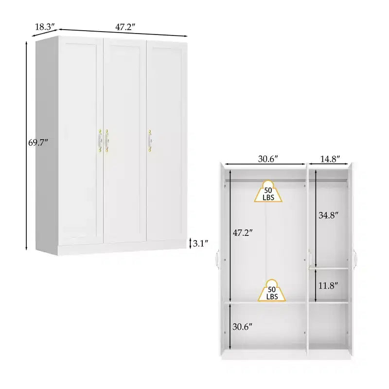 Armoire 3 portes blanche Famapy : Poignées en céramique florales + Espaces penderie et rangement. Dressing spacieux pour chambres.