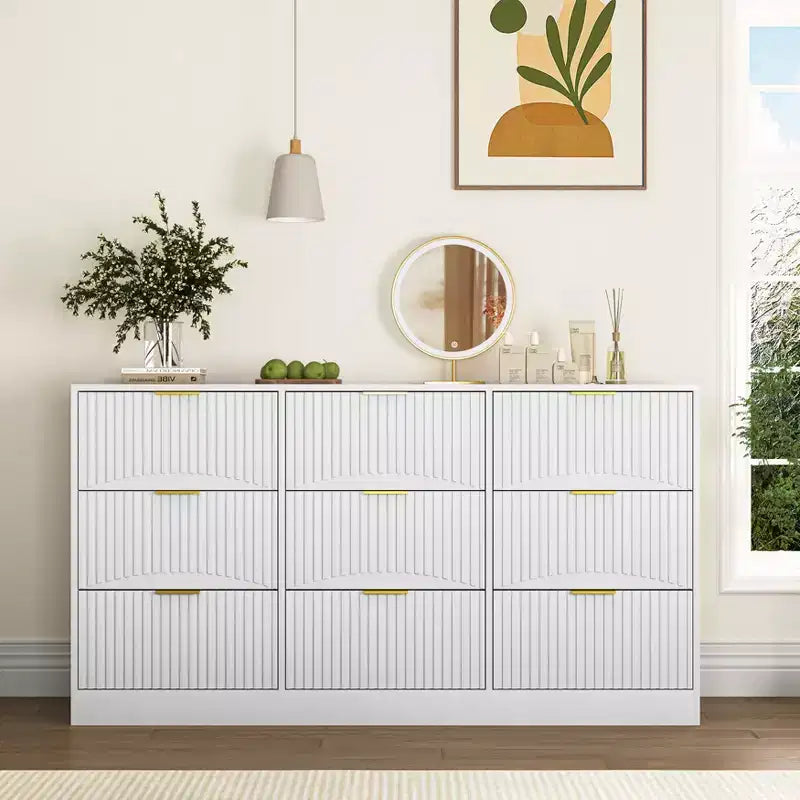 JVNOXK Grande commode en bois à neuf tiroirs de 160 cm, avec neuf tiroirs profonds, idéale pour les chambres à coucher. Façades de tiroirs à motif ondulé. Blanc