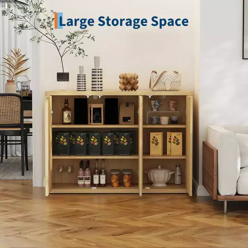 46,7 Buffet en chêne cannelé, Armoire de rangement moderne en bois avec 3 portes et étagères réglables, Design Mid-Century Moderne