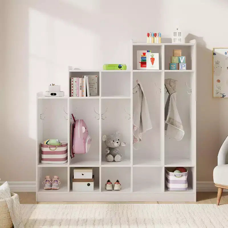 Vestiaire de classe à 5 sections avec 9 casiers, organisateur de rangement avec 10 crochets pour la maison, l'école, la crèche, la maternelle