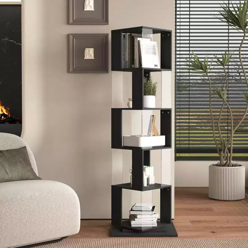 JVNOXK Étagère à Livres Moderne Rotative à 360° en Acrylique, Bibliothèque Minimaliste à 5 Niveaux sur Pied, Adaptée au Salon ou à la Chambre, Noir