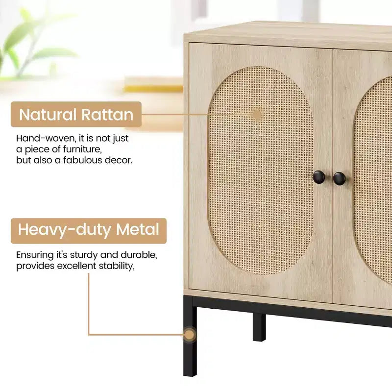 Meuble d'appoint Buffet, Lot de 2 armoires de rangement beige avec portes en rotin, Pieds en métal pour la maison