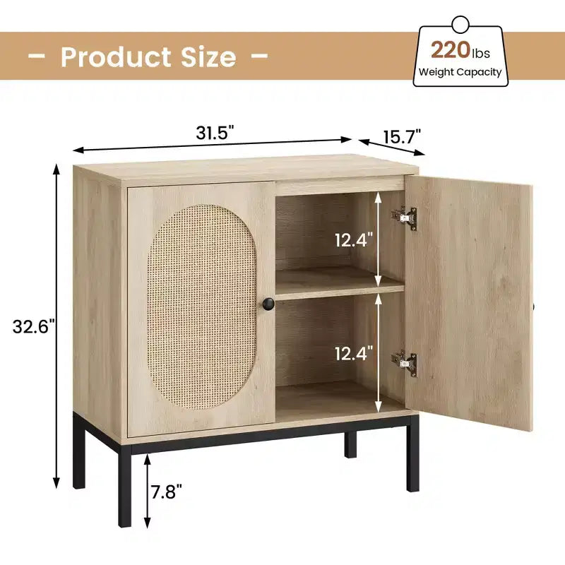 Meuble d'appoint Buffet, Lot de 2 armoires de rangement beige avec portes en rotin, Pieds en métal pour la maison