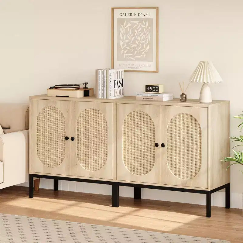 Meuble d'appoint Buffet, Lot de 2 armoires de rangement beige avec portes en rotin, Pieds en métal pour la maison