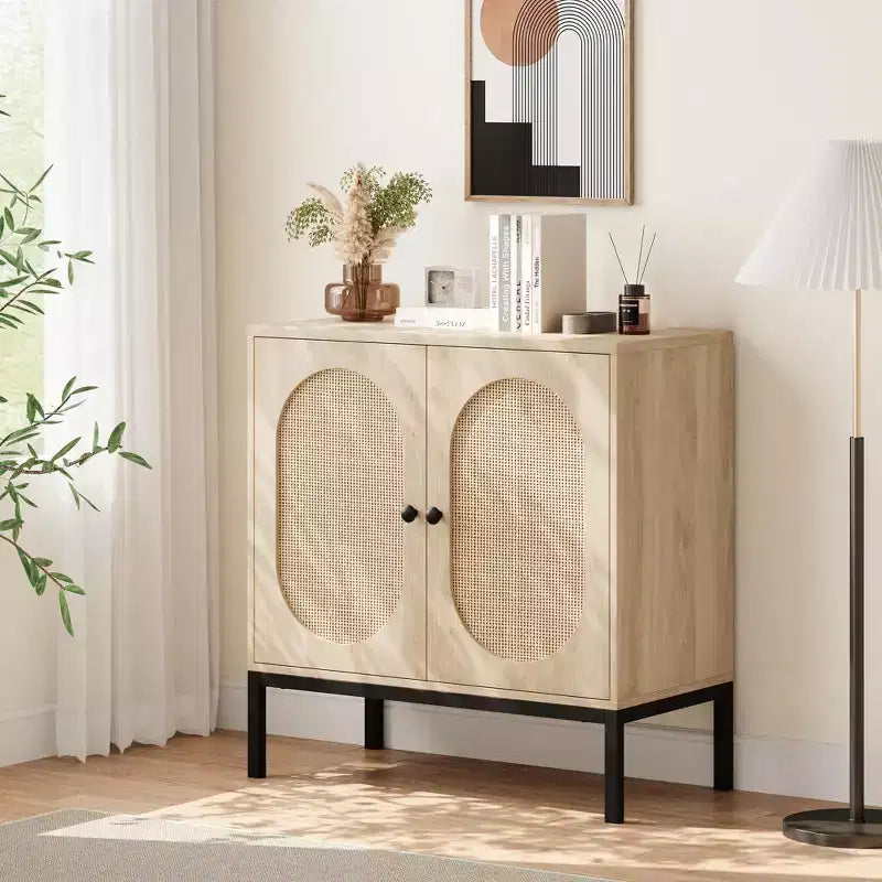 Meuble d'appoint Buffet, Lot de 2 armoires de rangement beige avec portes en rotin, Pieds en métal pour la maison