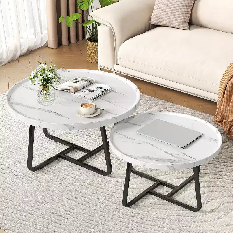 Lot de 2 tables basses, petites tables basses rondes durables de style Mid-Century pour le salon, ensemble de tables basses gigognes modernes faciles à monter, tables d'appoint circulaires