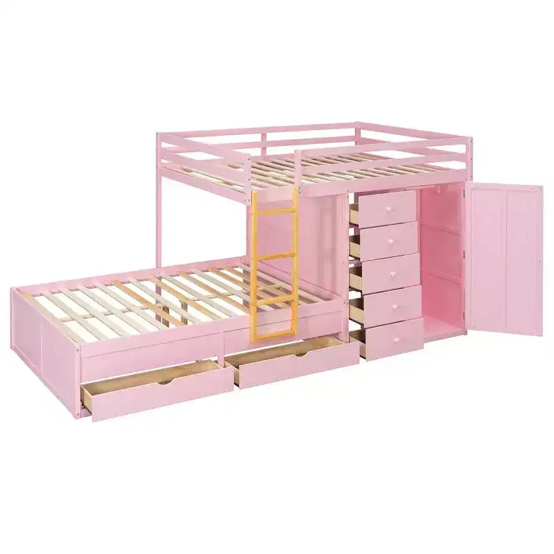 Lit superposé moderne Luxystar double sur double avec placard intégré et 7 tiroirs de rangement