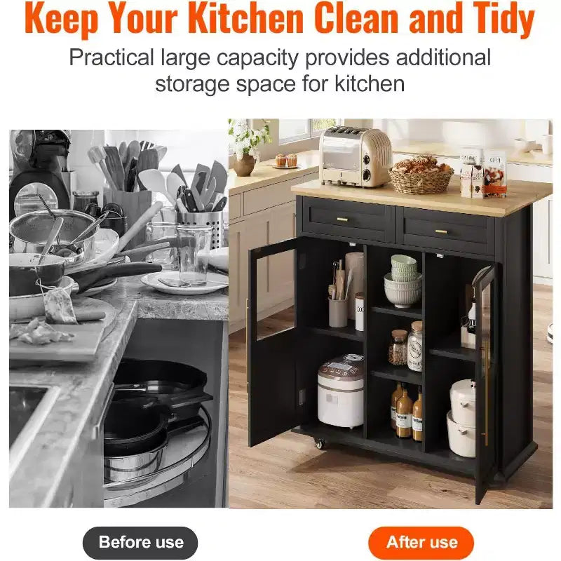 Îlot de cuisine, îlot de cuisine roulant mobile moderne avec abattant, chariot de rangement noir avec armoire et tiroir