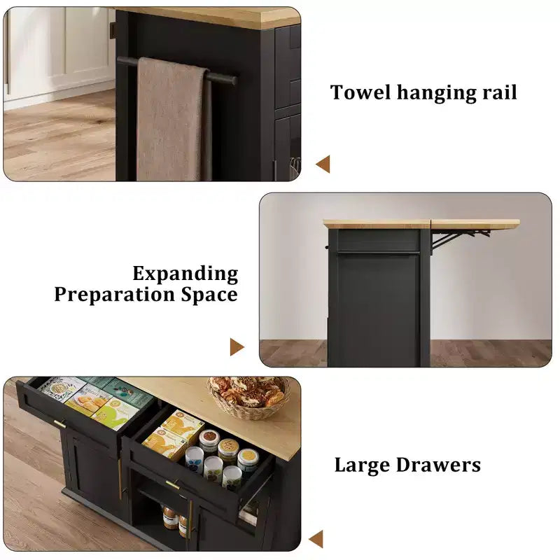 Îlot de cuisine, îlot de cuisine roulant mobile moderne avec abattant, chariot de rangement noir avec armoire et tiroir