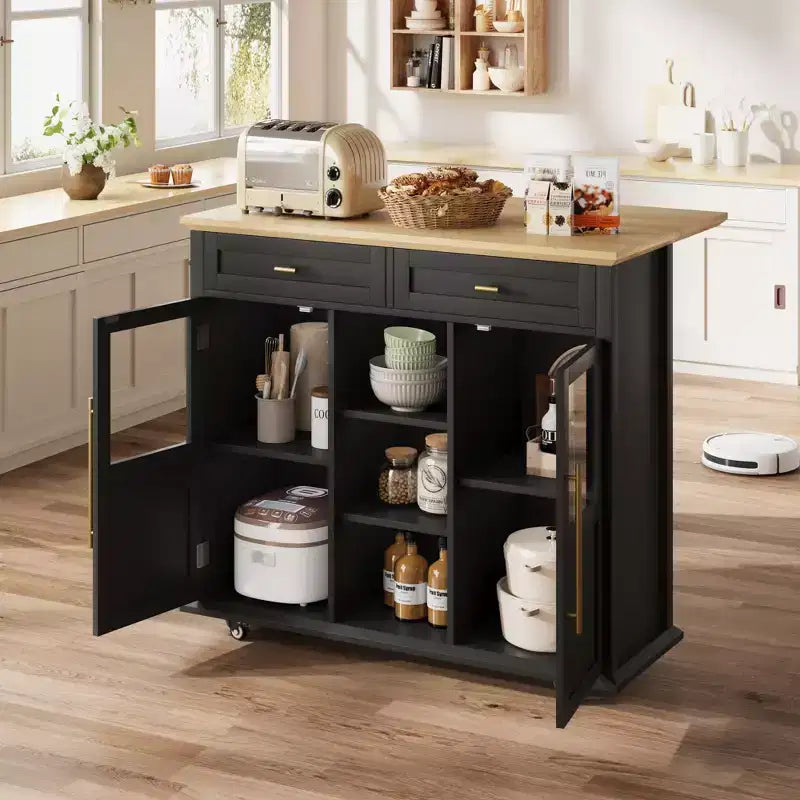 Îlot de cuisine, îlot de cuisine roulant mobile moderne avec abattant, chariot de rangement noir avec armoire et tiroir