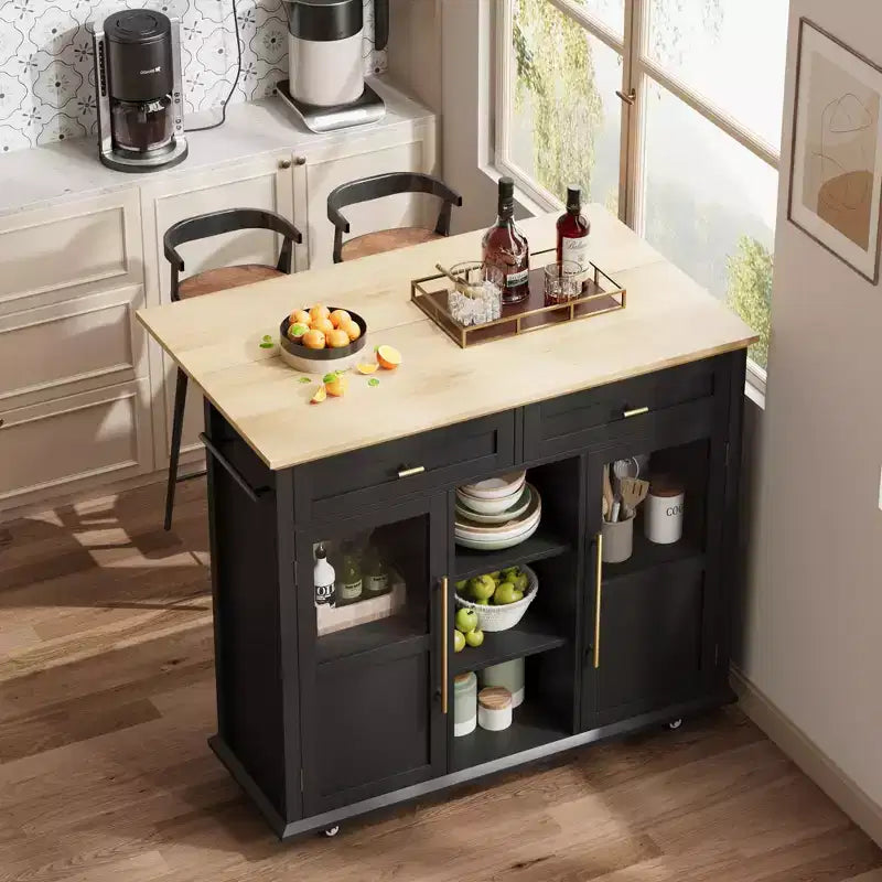 Îlot de cuisine, îlot de cuisine roulant mobile moderne avec abattant, chariot de rangement noir avec armoire et tiroir