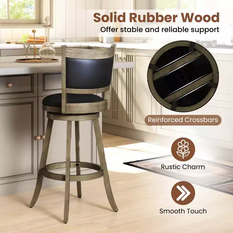 Tabourets de bar pivotants Costway avec cadre en bois d'hévéa massif, lot de 2 ou 4, pour îlot de cuisine Gris et Noir/Noir