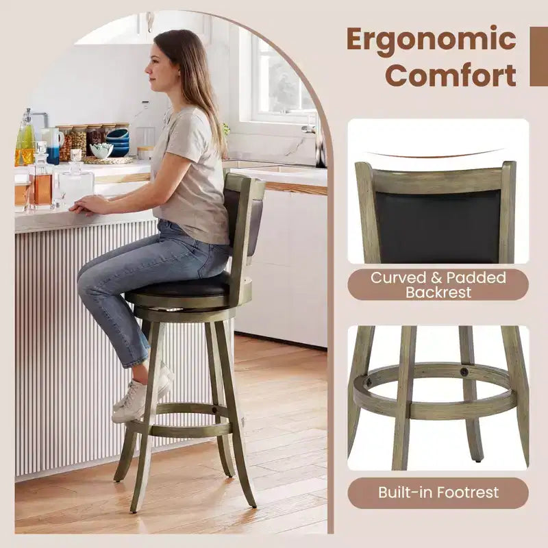 Tabourets de bar pivotants Costway avec cadre en bois d'hévéa massif, lot de 2 ou 4, pour îlot de cuisine Gris et Noir/Noir