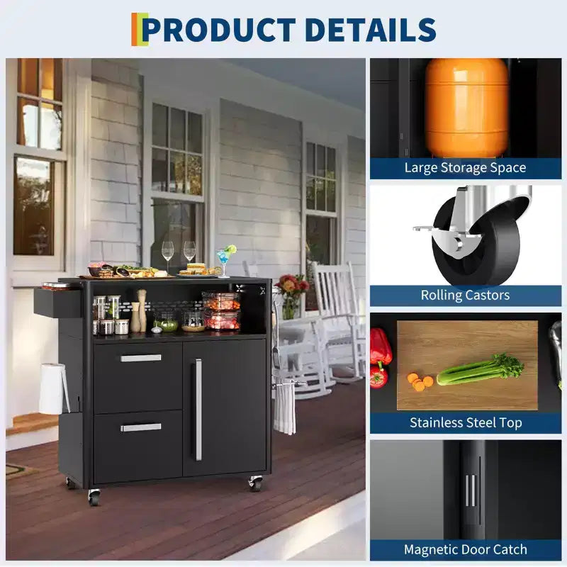 Table de cuisson, chariot de bar extérieur, chariot de barbecue avec armoire de rangement, îlot de cuisine multifonction, table de préparation des aliments avec surface en acier inoxydable