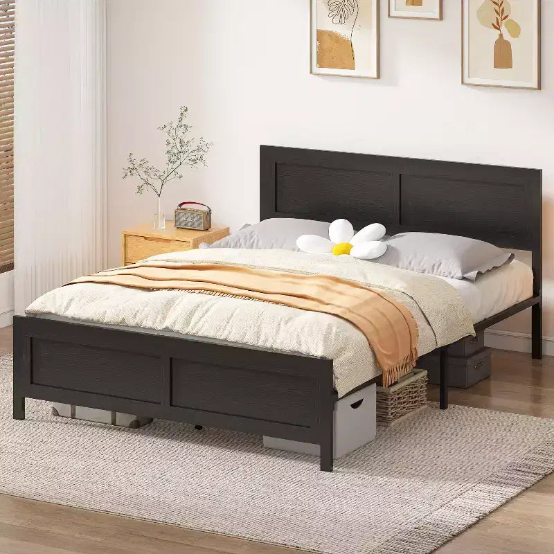 Dyonery Full/Queen Size Bed Frame, Metal Platform Bed Frame with Wooden Headboard with Rivet, Heavy Duty Iron Slats Support, Large Under-Bed Storage.