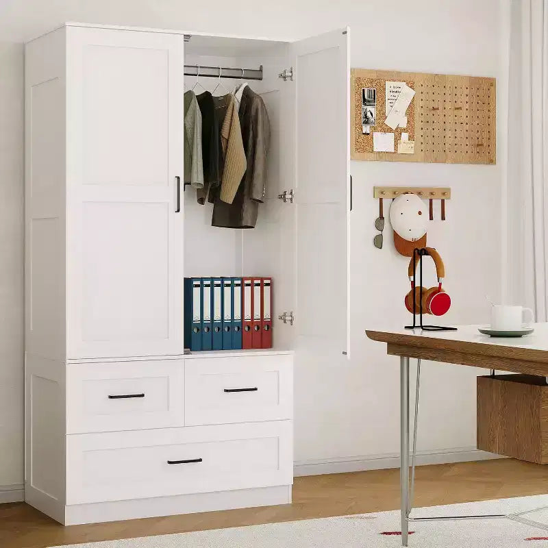 Placard de garde-robe CuisinSmart - 70 Armoires portables de chambre à coucher autoportantes avec tringle à vêtements et 3 tiroirs de rangement profonds, Rangement de vêtements en bois