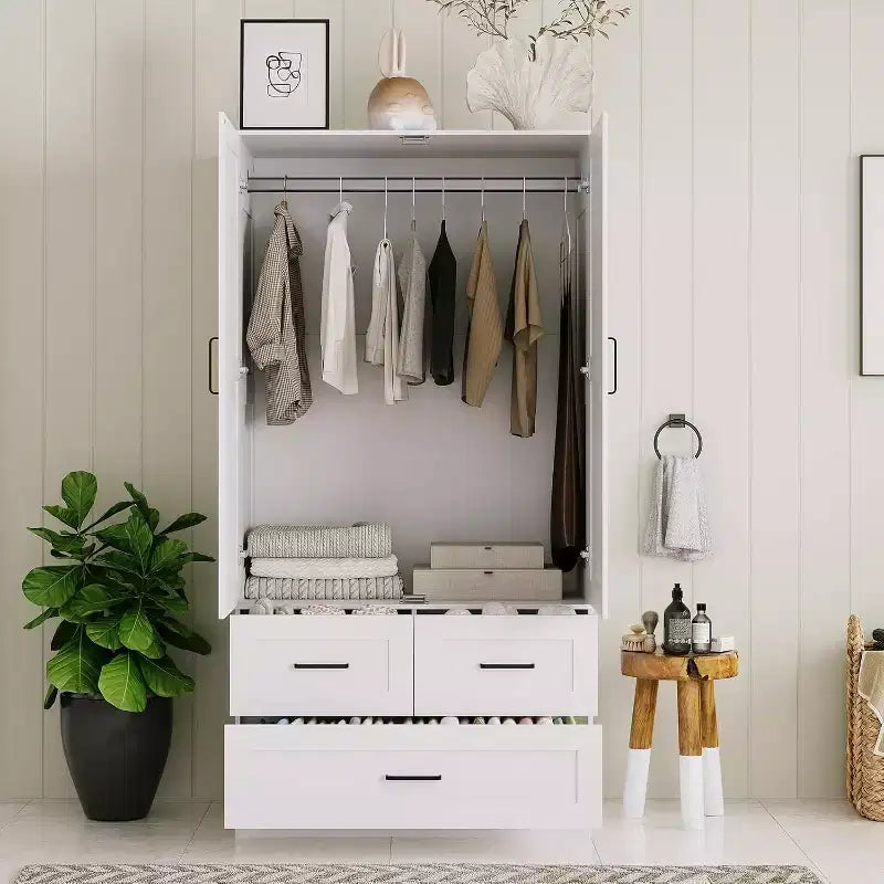 Placard de garde-robe CuisinSmart - 70 Armoires portables de chambre à coucher autoportantes avec tringle à vêtements et 3 tiroirs de rangement profonds, Rangement de vêtements en bois