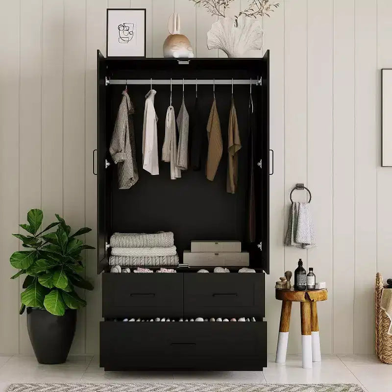 Placard de garde-robe CuisinSmart - 70 Armoires portables de chambre à coucher autoportantes avec tringle à vêtements et 3 tiroirs de rangement profonds, Rangement de vêtements en bois
