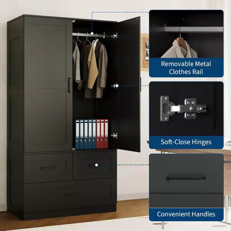 Placard de garde-robe CuisinSmart - 70 Armoires portables de chambre à coucher autoportantes avec tringle à vêtements et 3 tiroirs de rangement profonds, Rangement de vêtements en bois