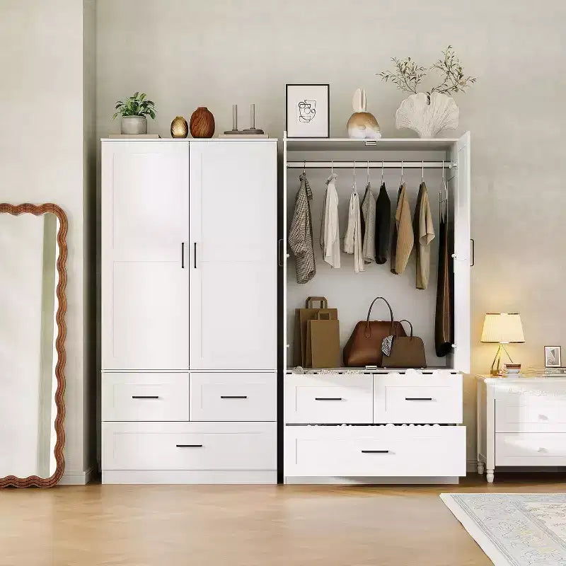 Placard de garde-robe CuisinSmart - 70 Armoires portables de chambre à coucher autoportantes avec tringle à vêtements et 3 tiroirs de rangement profonds, Rangement de vêtements en bois