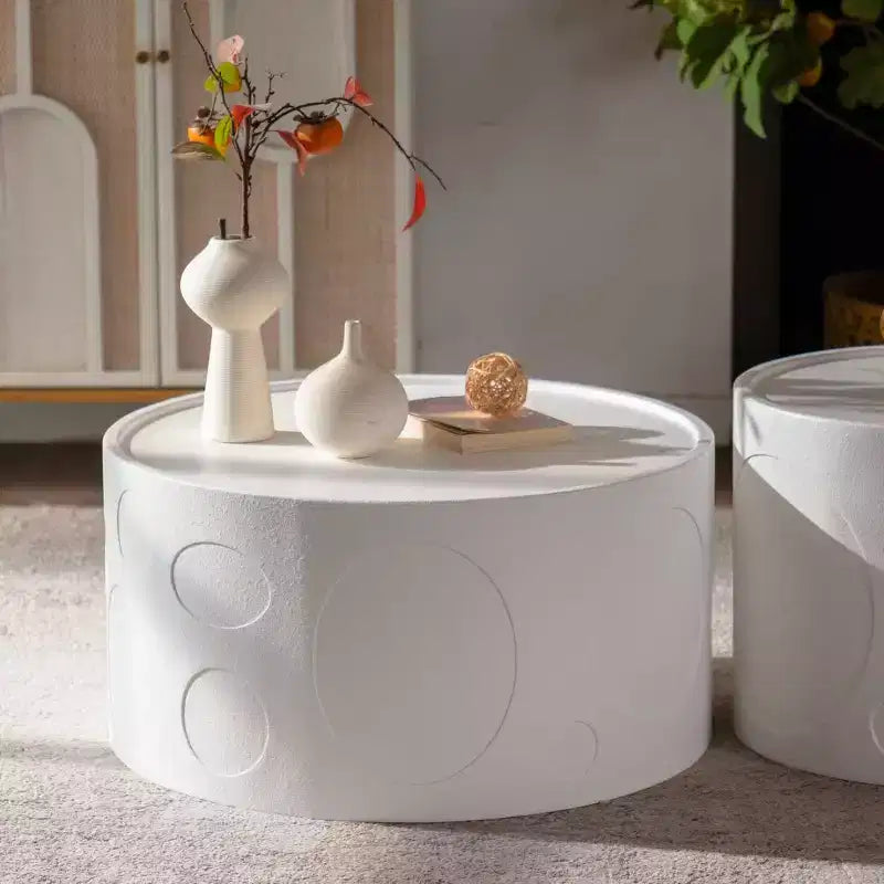 Round Side Table with Handcrafted Relief and Sturdy Pedestal Base, No Assembly Required