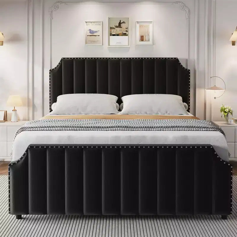 Velvet bed frame, high vertical stripe quilted headboard and footboard with rivets, upholstered platform bed, sturdy wood slats