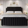 Velvet bed frame, high vertical stripe quilted headboard and footboard with rivets, upholstered platform bed, sturdy wood slats