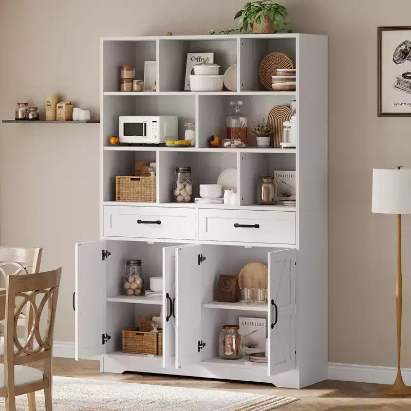 Bibliothèque haute Garvee de 180 cm avec 2 tiroirs et 4 portes, grande étagère de rangement moderne à 6 niveaux et 120 cm de large avec étagères pour salon ou bureau