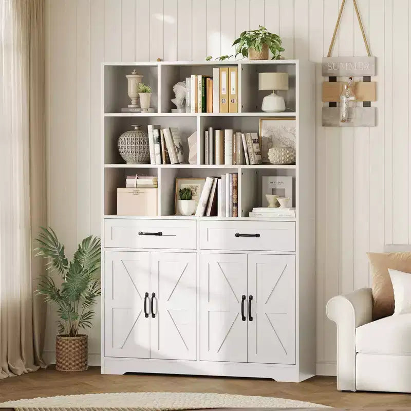 Bibliothèque haute Garvee de 180 cm avec 2 tiroirs et 4 portes, grande étagère de rangement moderne à 6 niveaux et 120 cm de large avec étagères pour salon ou bureau