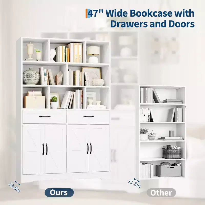 Bibliothèque haute Garvee de 180 cm avec 2 tiroirs et 4 portes, grande étagère de rangement moderne à 6 niveaux et 120 cm de large avec étagères pour salon ou bureau