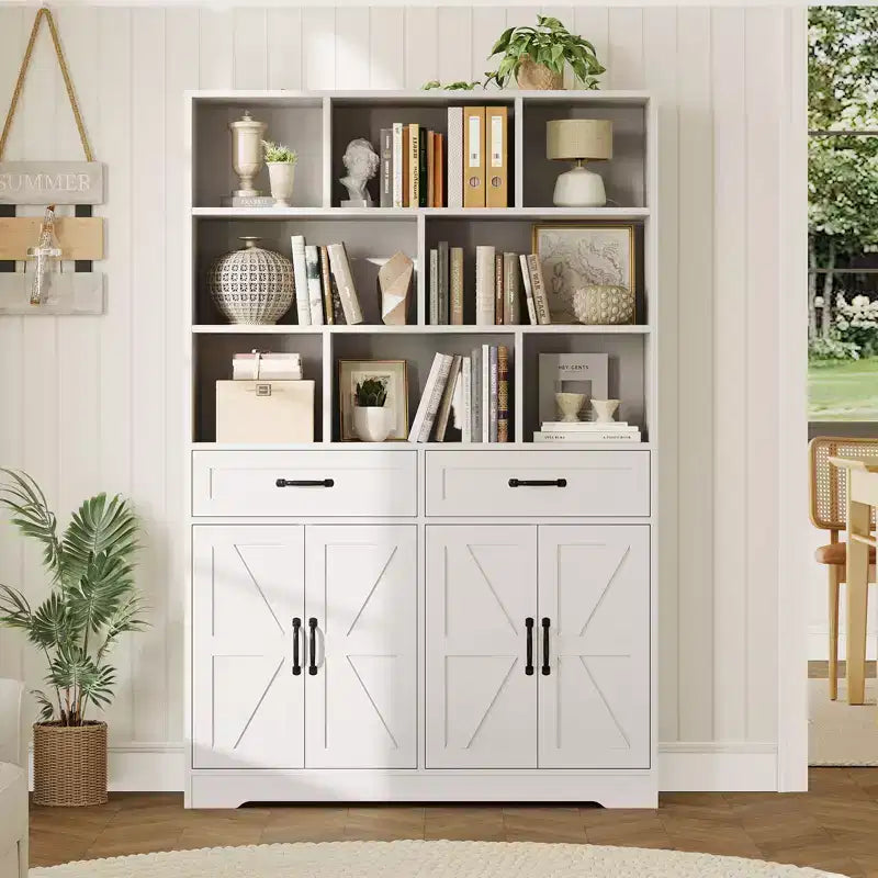 Bibliothèque haute Garvee de 180 cm avec 2 tiroirs et 4 portes, grande étagère de rangement moderne à 6 niveaux et 120 cm de large avec étagères pour salon ou bureau