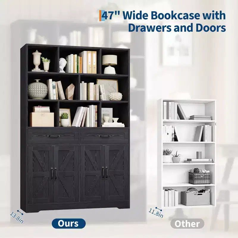 Bibliothèque haute Garvee de 180 cm avec 2 tiroirs et 4 portes, grande étagère de rangement moderne à 6 niveaux et 120 cm de large avec étagères pour salon ou bureau