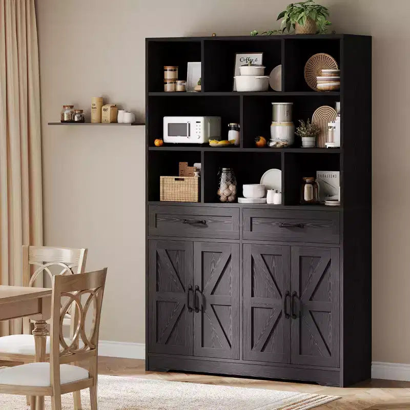 Bibliothèque haute Garvee de 180 cm avec 2 tiroirs et 4 portes, grande étagère de rangement moderne à 6 niveaux et 120 cm de large avec étagères pour salon ou bureau