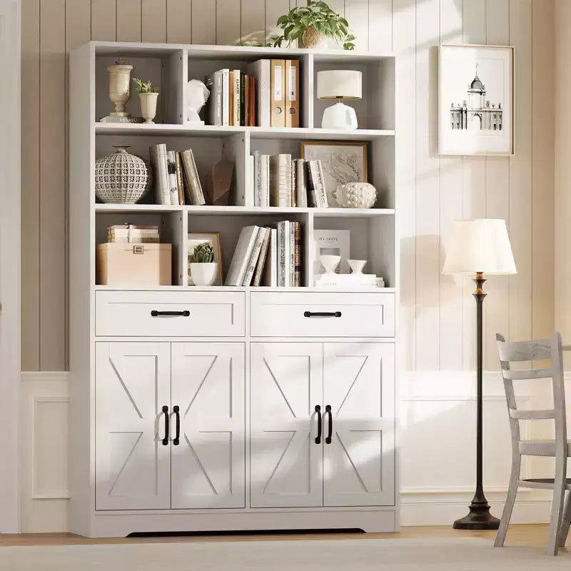 Bibliothèque haute Garvee de 180 cm avec 2 tiroirs et 4 portes, grande étagère de rangement moderne à 6 niveaux et 120 cm de large avec étagères pour salon ou bureau