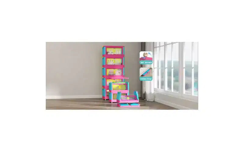 JVNOXK Armoire de rangement pliante 4 étagères 50,8 cm 4 compartiments, bacs de rangement avec portes magnétiques Armoire de rangement en plastique avec roues Bleu et rose