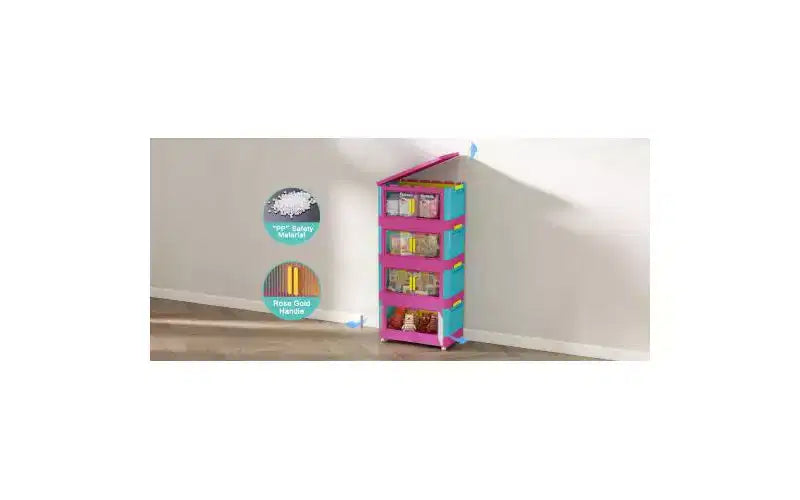 JVNOXK Armoire de rangement pliante 4 étagères 50,8 cm 4 compartiments, bacs de rangement avec portes magnétiques Armoire de rangement en plastique avec roues Bleu et rose