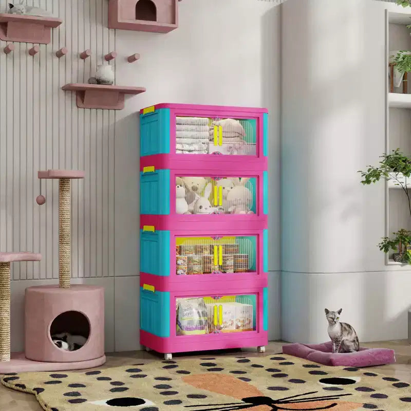 JVNOXK Armoire de rangement pliante 4 étagères 50,8 cm 4 compartiments, bacs de rangement avec portes magnétiques Armoire de rangement en plastique avec roues Bleu et rose