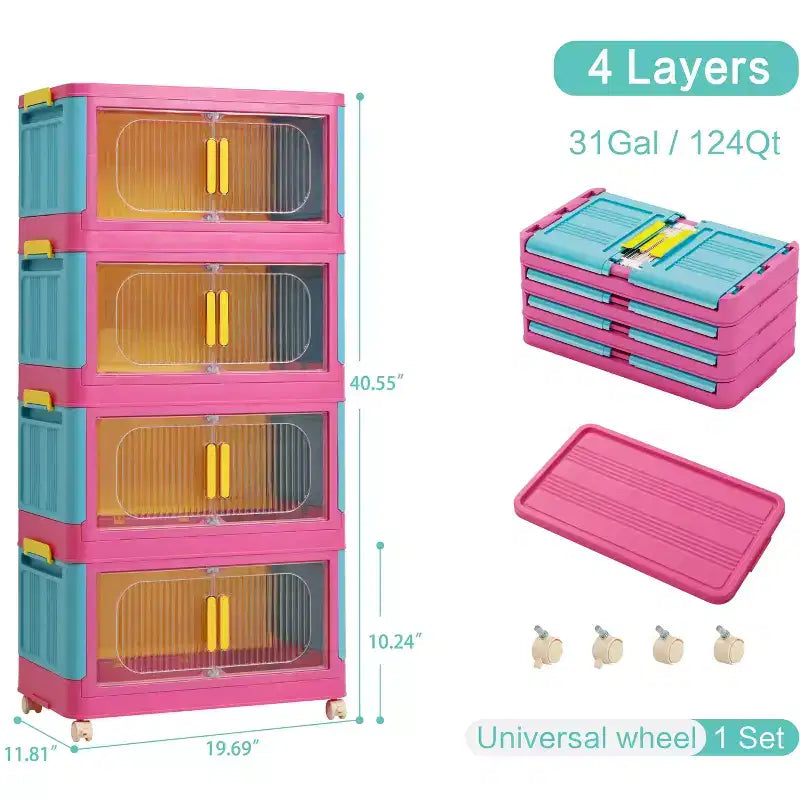JVNOXK Armoire de rangement pliante 4 étagères 50,8 cm 4 compartiments, bacs de rangement avec portes magnétiques Armoire de rangement en plastique avec roues Bleu et rose