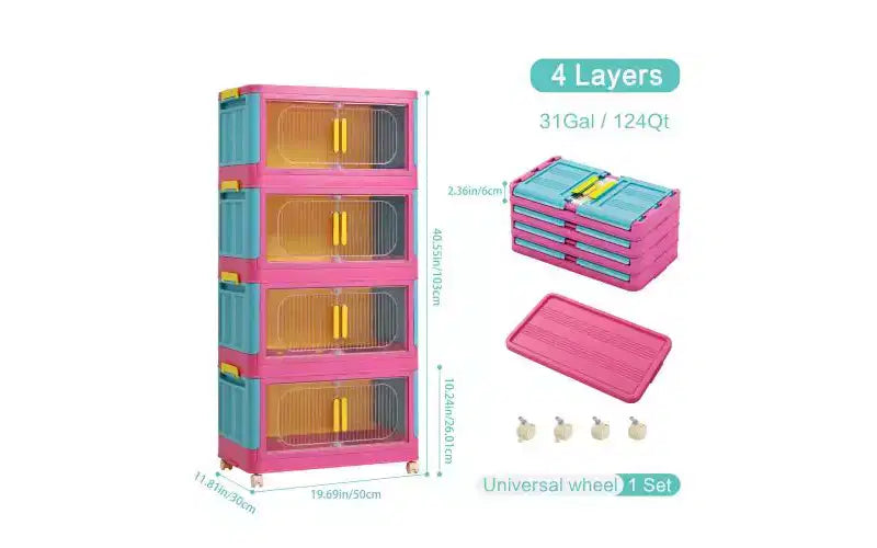 JVNOXK Armoire de rangement pliante 4 étagères 50,8 cm 4 compartiments, bacs de rangement avec portes magnétiques Armoire de rangement en plastique avec roues Bleu et rose