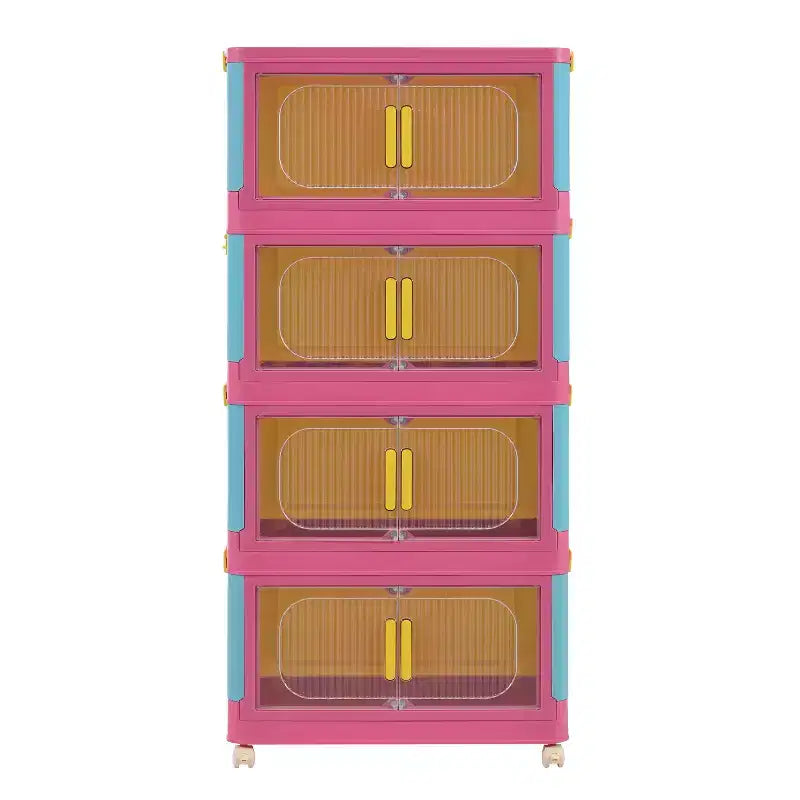 JVNOXK Armoire de rangement pliante 4 étagères 50,8 cm 4 compartiments, bacs de rangement avec portes magnétiques Armoire de rangement en plastique avec roues Bleu et rose