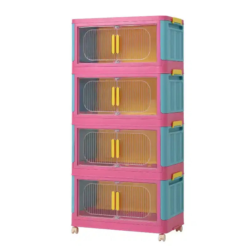JVNOXK Armoire de rangement pliante 4 étagères 50,8 cm 4 compartiments, bacs de rangement avec portes magnétiques Armoire de rangement en plastique avec roues Bleu et rose